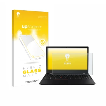 Face avant d’un emballage produit avec le logo de la marque upscreen. À côté, l’appareil Lenovo ThinkPad T590 Non-Touch est re