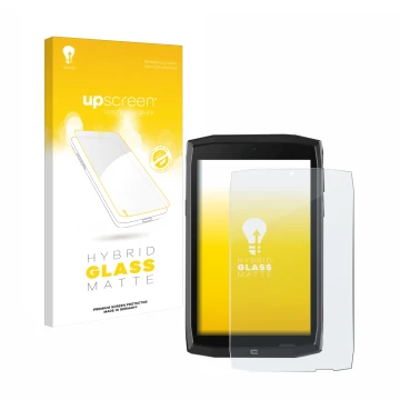 Face avant d’un emballage produit avec le logo de la marque upscreen. À côté, l’appareil Crosscall Core T4 est représenté avec