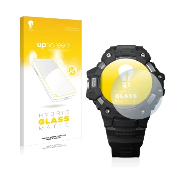 Face avant d’un emballage produit avec le logo de la marque upscreen. À côté, l’appareil Casio G-Shock GBD-H1000 est représent