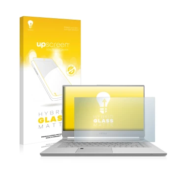 Face avant d’un emballage produit avec le logo de la marque upscreen. À côté, l’appareil MSI P65 8RE-207DC est représenté avec