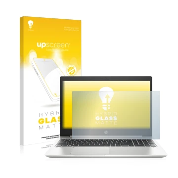 Face avant d’un emballage produit avec le logo de la marque upscreen. À côté, l’appareil HP ProBook 450 G6 est représenté avec