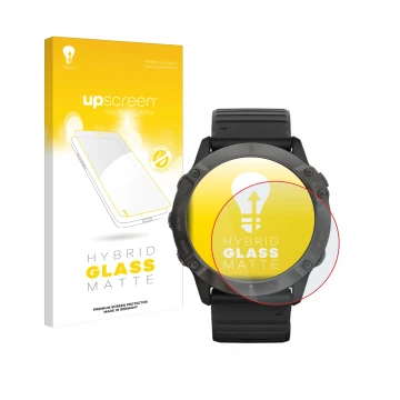 Face avant d’un emballage produit avec le logo de la marque upscreen. À côté, l’appareil Garmin Fenix 6X Pro Solar est représe