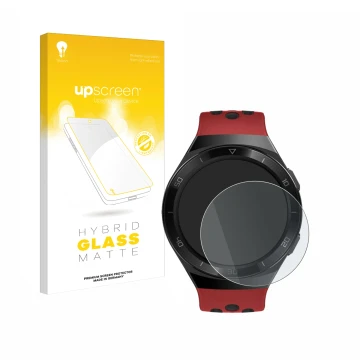 Face avant d’un emballage produit avec le logo de la marque upscreen. À côté, l’appareil Huawei Watch GT 2e est représenté ave