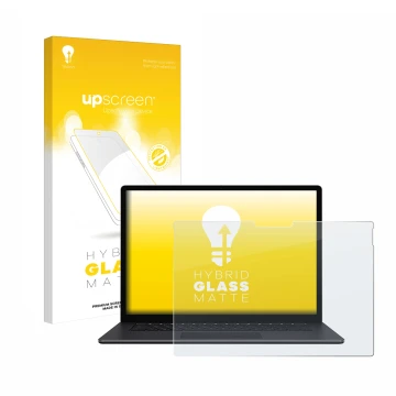 Face avant d’un emballage produit avec le logo de la marque upscreen. À côté, l’appareil Microsoft Surface Book 3 15