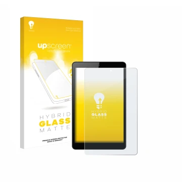 Face avant d’un emballage produit avec le logo de la marque upscreen. À côté, l’appareil Huawei MediaPad M5 Lite 8