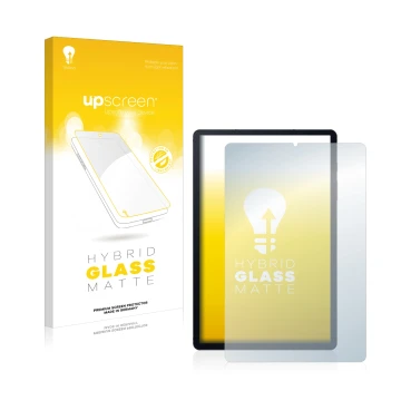 Face avant d’un emballage produit avec le logo de la marque upscreen. À côté, l’appareil Samsung Galaxy Tab S6 Lite 2020 est r