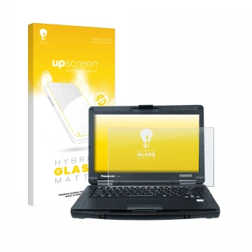 Face avant d’un emballage produit avec le logo de la marque upscreen. À côté, l’appareil Panasonic Toughbook 55 Full-HD Touch 