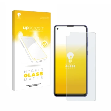 Face avant d’un emballage produit avec le logo de la marque upscreen. À côté, l’appareil Samsung Galaxy A21s est représenté av