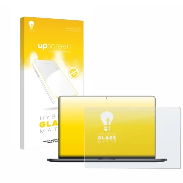 Face avant d’un emballage produit avec le logo de la marque upscreen. À côté, l’appareil Apple MacBook Pro 13