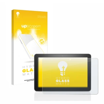 Face avant d’un emballage produit avec le logo de la marque upscreen. À côté, l’appareil Amazon Fire HD 8 2020 (10ème Gen.) es