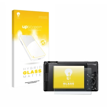 Face avant d’un emballage produit avec le logo de la marque upscreen. À côté, l’appareil Sony ZV-1 est représenté avec la prot