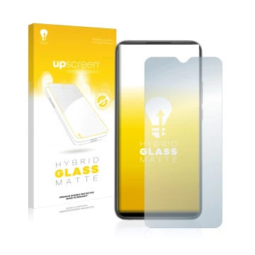 Face avant d’un emballage produit avec le logo de la marque upscreen. À côté, l’appareil Xiaomi Redmi 9 est représenté avec la