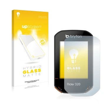 Face avant d’un emballage produit avec le logo de la marque upscreen. À côté, l’appareil Bryton Rider 320 est représenté avec 