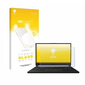 Face avant d’un emballage produit avec le logo de la marque upscreen. À côté, l’appareil MSI GS66 Stealth 10 SE est représenté