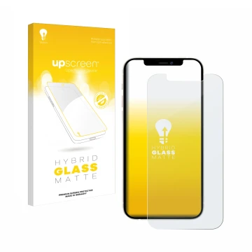 Face avant d’un emballage produit avec le logo de la marque upscreen. À côté, l’appareil Apple iPhone 12 Pro est représenté av