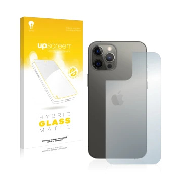 Face avant d’un emballage produit avec le logo de la marque upscreen. À côté, l’appareil Apple iPhone 12 Pro Max (Arrière) est
