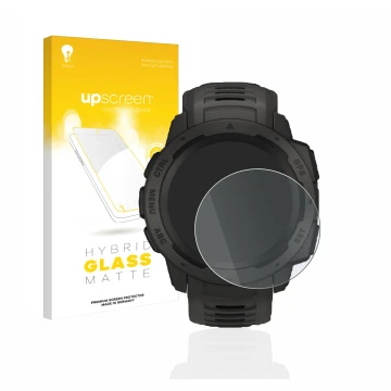 Face avant d’un emballage produit avec le logo de la marque upscreen. À côté, l’appareil Garmin Instinct Solar est représenté 