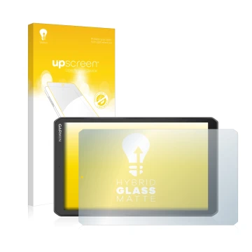 Face avant d’un emballage produit avec le logo de la marque upscreen. À côté, l’appareil Garmin Camper 890 est représenté avec