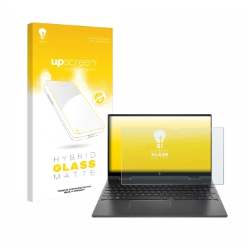 Face avant d’un emballage produit avec le logo de la marque upscreen. À côté, l’appareil HP Envy x360 (15-eX) (358 mm x 230 mm