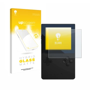 Face avant d’un emballage produit avec le logo de la marque upscreen. À côté, l’appareil Analogue Pocket est représenté avec l