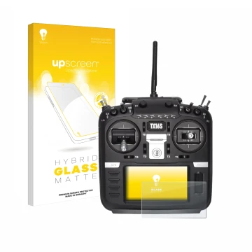 Face avant d’un emballage produit avec le logo de la marque upscreen. À côté, l’appareil Radiomaster TX16S est représenté avec