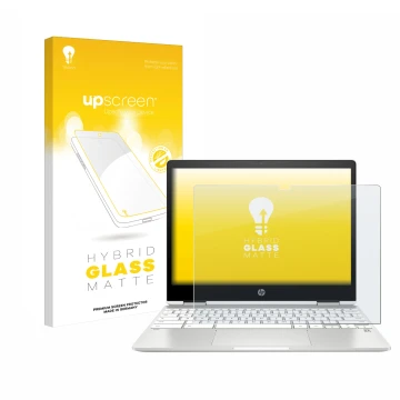 Face avant d’un emballage produit avec le logo de la marque upscreen. À côté, l’appareil HP Chromebook x360 12b-ca0005nf est r