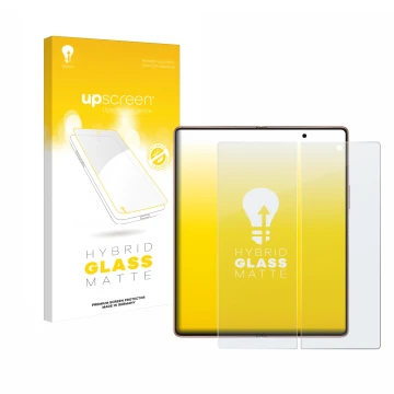 Face avant d’un emballage produit avec le logo de la marque upscreen. À côté, l’appareil Samsung Galaxy Z Fold 2 5G (Affichage