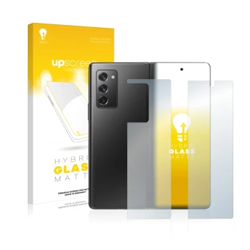 Face avant d’un emballage produit avec le logo de la marque upscreen. À côté, l’appareil Samsung Galaxy Z Fold 2 5G (Avant+Arr