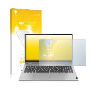 Face avant d’un emballage produit avec le logo de la marque upscreen. À côté, l’appareil Lenovo IdeaPad Flex 5 15