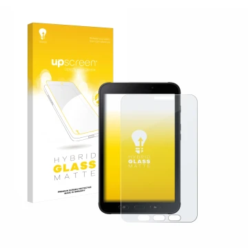 Face avant d’un emballage produit avec le logo de la marque upscreen. À côté, l’appareil Samsung Galaxy Tab Active 2 SM-T395 e