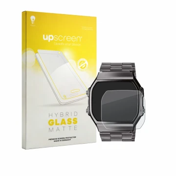 Face avant d’un emballage produit avec le logo de la marque upscreen. À côté, l’appareil Casio A168WEGG-1BEF est représenté av