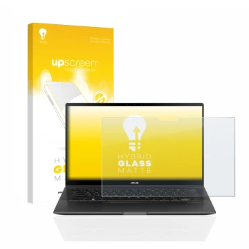 Face avant d’un emballage produit avec le logo de la marque upscreen. À côté, l’appareil ASUS ZenBook Flip 14 UX463FA est repr