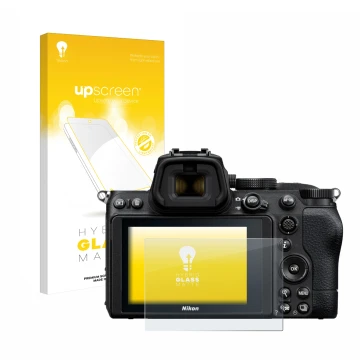 Face avant d’un emballage produit avec le logo de la marque upscreen. À côté, l’appareil Nikon Z 5 est représenté avec la prot