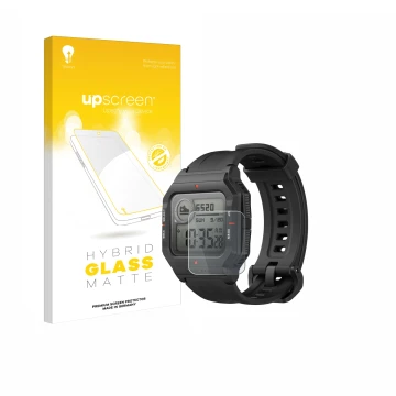 Face avant d’un emballage produit avec le logo de la marque upscreen. À côté, l’appareil Huami Amazfit Neo est représenté avec