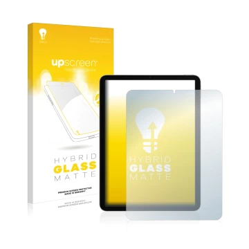 Face avant d’un emballage produit avec le logo de la marque upscreen. À côté, l’appareil Apple iPad Air 4 2020 (4ème Gen.) est