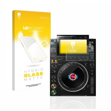 Face avant d’un emballage produit avec le logo de la marque upscreen. À côté, l’appareil Pioneer CDJ 3000 est représenté avec 