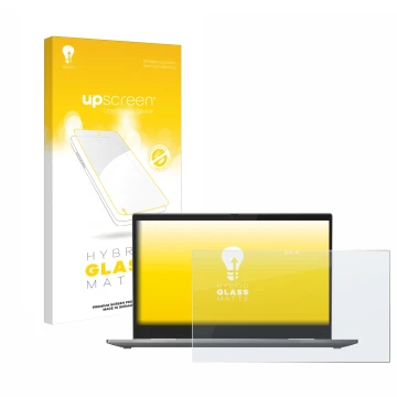 Face avant d’un emballage produit avec le logo de la marque upscreen. À côté, l’appareil Lenovo ThinkPad X1 Yoga (5ème Gen.) e