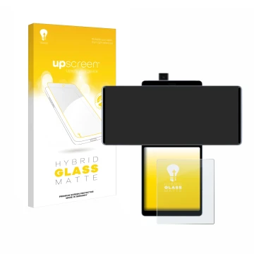 Face avant d’un emballage produit avec le logo de la marque upscreen. À côté, l’appareil LG Wing (Affichage arrière) est repré