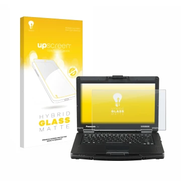 Face avant d’un emballage produit avec le logo de la marque upscreen. À côté, l’appareil Panasonic Toughbook FZ-55 Full HD est