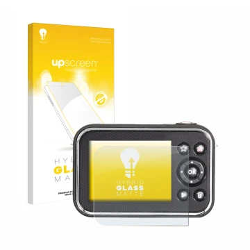 Face avant d’un emballage produit avec le logo de la marque upscreen. À côté, l’appareil Vtech Kidizoom Video Studio HD est re