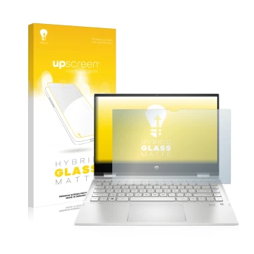 Face avant d’un emballage produit avec le logo de la marque upscreen. À côté, l’appareil HP Pavilion x360 (14-dwX) est représe