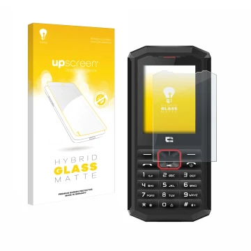Face avant d’un emballage produit avec le logo de la marque upscreen. À côté, l’appareil Crosscall Spider X5 est représenté av