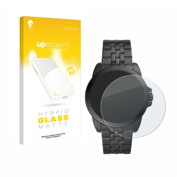 Face avant d’un emballage produit avec le logo de la marque upscreen. À côté, l’appareil Fossil Gen 5E est représenté avec la 