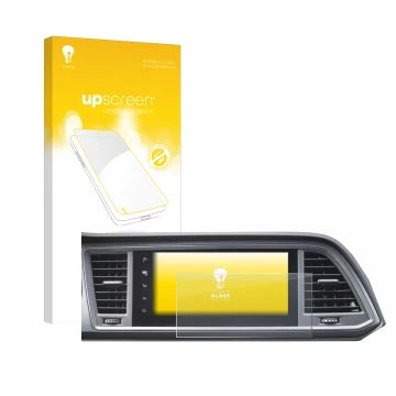 Face avant d’un emballage produit avec le logo de la marque upscreen. À côté, l’appareil Seat Cupra Ateca Facelift 2021 MiB 3 