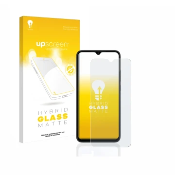 Face avant d’un emballage produit avec le logo de la marque upscreen. À côté, l’appareil Xiaomi Redmi 9AT est représenté avec 