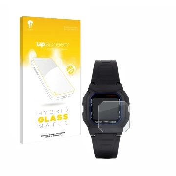 Face avant d’un emballage produit avec le logo de la marque upscreen. À côté, l’appareil Casio W-800H-1AVES est représenté ave