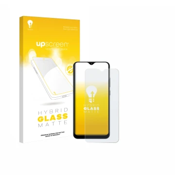 Face avant d’un emballage produit avec le logo de la marque upscreen. À côté, l’appareil Samsung Galaxy A02s est représenté av