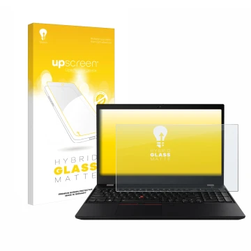 Face avant d’un emballage produit avec le logo de la marque upscreen. À côté, l’appareil Lenovo ThinkPad T15 est représenté av