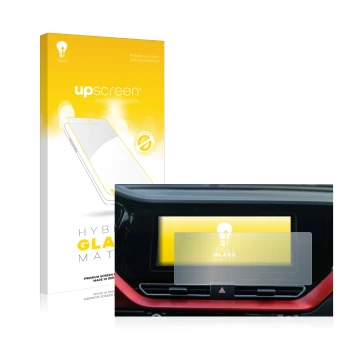 Face avant d’un emballage produit avec le logo de la marque upscreen. À côté, l’appareil Kia E-Niro 2020 Infotainment System e