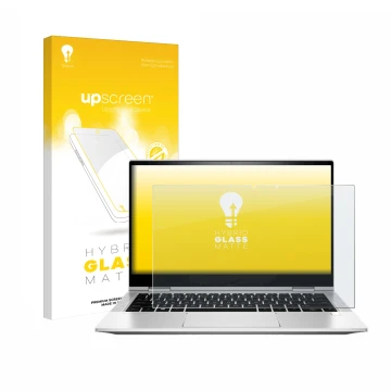 Face avant d’un emballage produit avec le logo de la marque upscreen. À côté, l’appareil HP EliteBook x360 830 G8 est représen